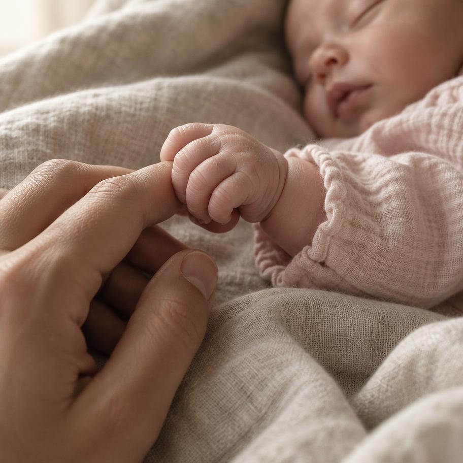 A newborn holding a parent's finger