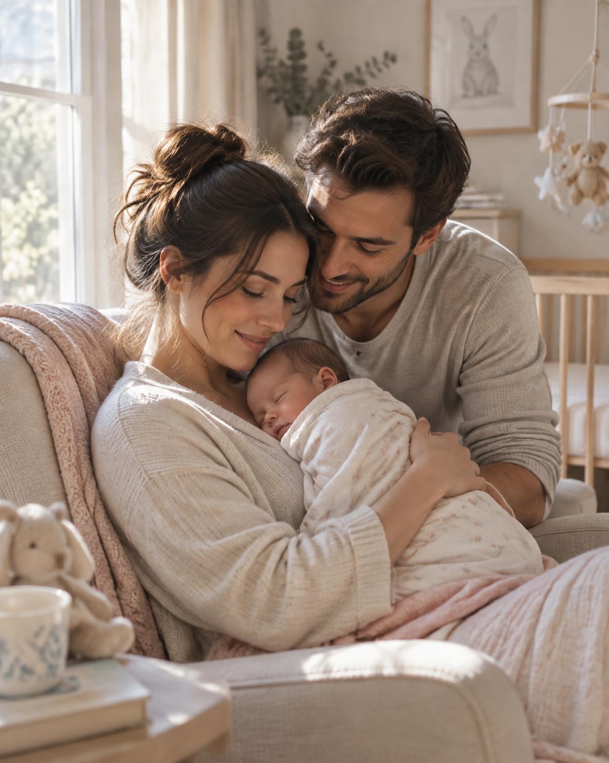 New parents sharing a quiet moment with their sleeping newborn